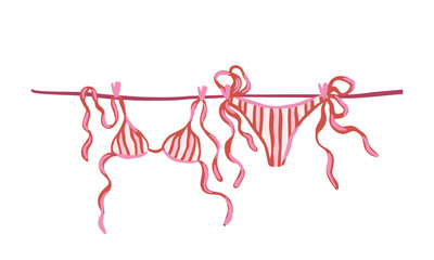 Striped red bikini top and bottom with long ribbons hanging on clothesline. Hand-drawn vector illustration isolated on white background. Summer fashion and swimwear. Design for postcard, invitation