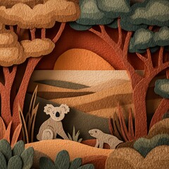Paper-cut illustration of a koala, kangaroo, and platypus among eucalyptus trees, warm ochre and green tones, stylized outback landscape, scrapbook-style texture, travel poster vibe 
