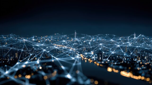 Connected Cityscape Network: Futuristic Technology and Communication Infrastructure at Night, Representing Global Connectivity and Digital Transformation
