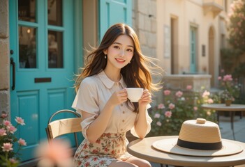 A young woman enjoys a cup of coffee outdoors, surrounded by flowers and a charming, sunny atmosphere with a blue door in the background.