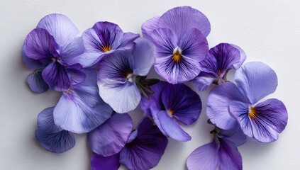 Delicate, light purple pansies scattered on a white surface