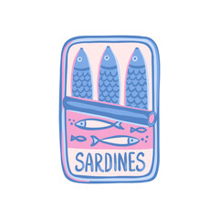 Playful illustration of an opened sardine can, showing three blue fish inside, designed in a whimsical hand drawn style, isolated on white background. Seafood. Vector illustration