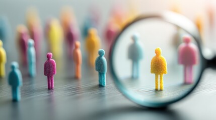 Targeting Individuals: A Magnifying Glass Focuses on Diverse Miniature Figures, Symbolizing Recruitment, Analysis, and Strategic Workforce Planning