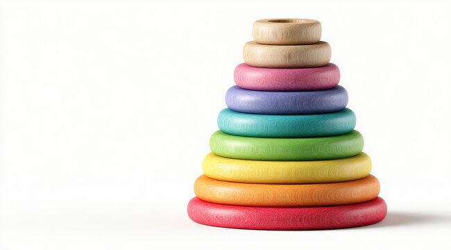 Colorful wooden stacking rings in a pyramid shape on white background