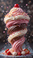 Colorful Swirled Soft Serve Ice Cream with Sprinkles Strawberries and a Cherry