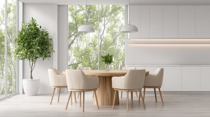 Obraz premium Modern Dining Room Interior with Round Table, White Cabinets, Large Windows, and Lush Greenery