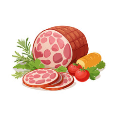 Delicious mortadella presentation featuring fresh vegetables bread and herbs.  Perfect for culinary illustrations or menu design elements.