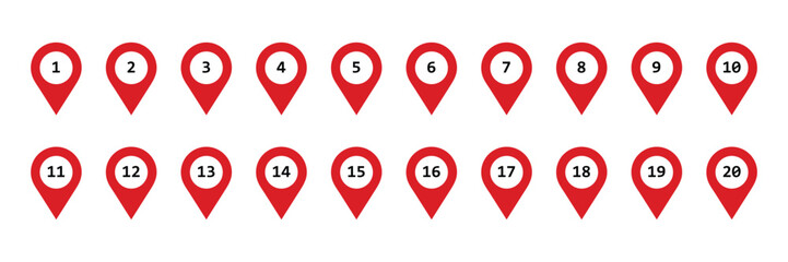 Set of red map marker point with 1 to 20 number icon collection.