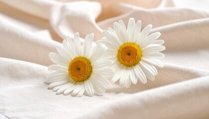 Obraz premium Two white daisies on soft draped fabric, symbolizing purity, tenderness, and quiet elegance.