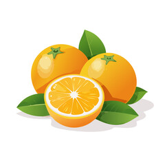Vibrant citrus fruit illustration: Three oranges, one halved, with green leaves against a simple, dark backdrop.