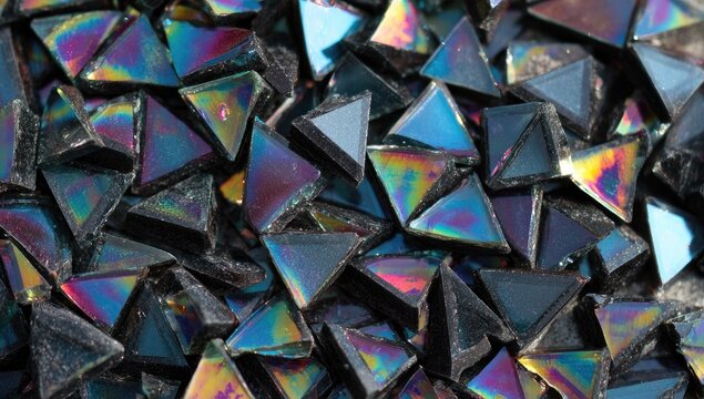Close-up view of multicolored, triangular mosaic tiles