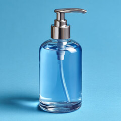 Clear soap dispenser with silver pump on vibrant blue background.