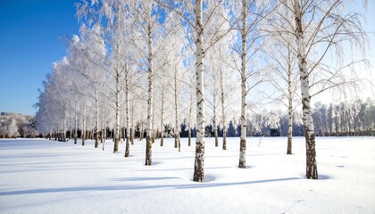 Rows of snow-covered birch trees stand in a bright, sunny winter landscape