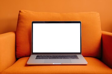 Modern laptop mockup with blank white screen on orange armchair. Minimalist product display for advertising, web design, and digital projects.