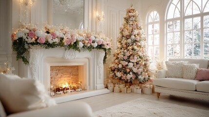 Elegant living room with white fireplace and floral Christmas tree, decorated with pink and white flowers, candles and gifts, daylight from arched windows