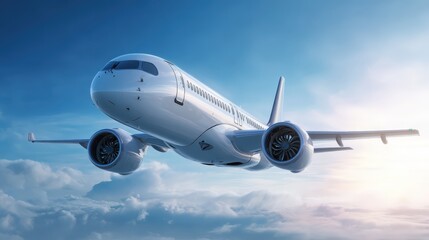 Fototapeta premium Commercial Airplane Flying in Cloudy Sky: Air Travel, Transportation and Modern Aviation Concept