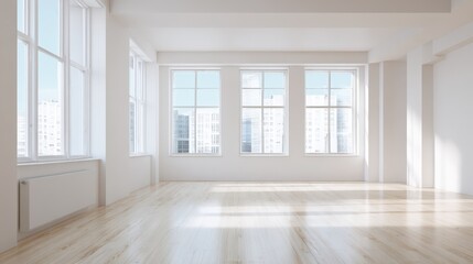 Fototapeta premium Bright Modern Empty Room with Large Windows and Light Wood Floors for Interior Design