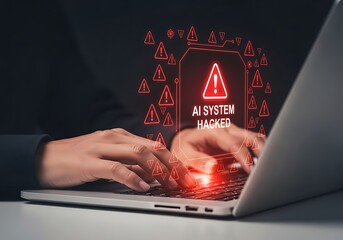 Cybersecurity threat detected on laptop with glowing warning symbols