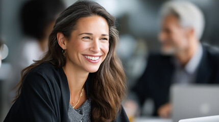Businesswoman smiling during project discussion in soft light