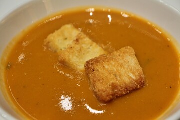 Moroccan cuisine: harira (Moroccan vegetable soup) with croutons in Doha, Qatar