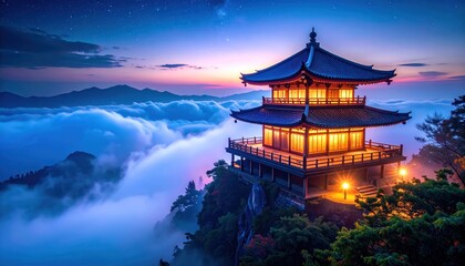 Obraz premium Japanese Temple at Sunset with Scenic Mountain Clouds Landscape.