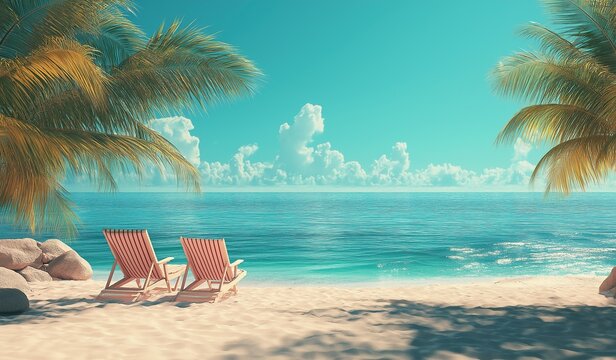 Tropical summer beach scene with empty chairs under palm trees along the shoreline, serene coastal vacation concept ideal for travel posters or wallpaper designs - Powered by Adobe