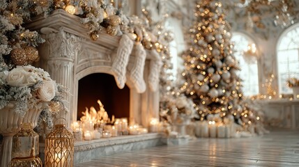 Obraz premium Luxury Christmas interior with white marble fireplace, elegant decor and Christmas tree with golden lights