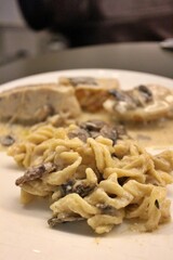Italian cuisine: fusilli pasta with creamy mushroom sauce in Doha, Qatar