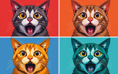 Fototapeta premium Four Shocked Cats with Wide Open Mouths in a Colorful Pop Art Style Illustration