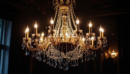 Ornate Crystal Chandelier In Dark Room