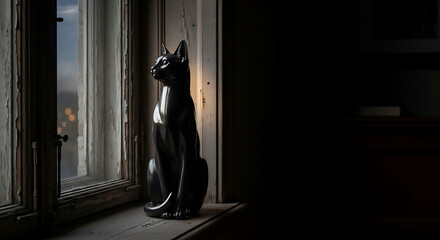 A black cat statue sits on a windowsill looking out at a blurry city at dusk in a dimly lit room ai generated