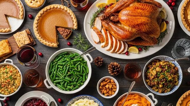 Traditional festive Thanksgiving turkey dinner. Turkey, mashed potatoes, dressing, pumpkin pie and sides. Top view table scene on a dark wood banner background. 