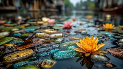 Serene beauty of vibrant water lilies floating peacefully on calm lake