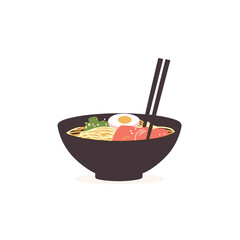 flat vector of a bowl of ramen with chopsticks, egg, and toppings