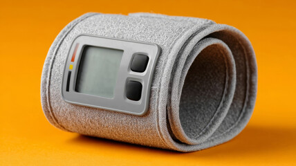 Fototapeta premium Digital wrist blood pressure monitor on orange background.