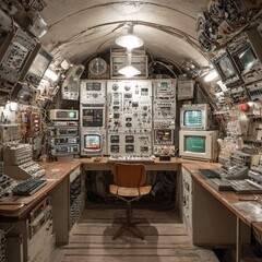 underground surveillance bunker full of blinking control panels, radio interference waves, outdated GPS equipment and absurd homemade tracking inventions