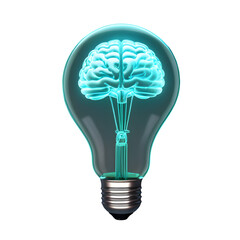 Creative innovation and bright ideas concept with a glowing brain inside a lightbulb, representing intelligence, knowledge, and inspiration for business solutions PNG style