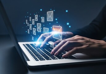 Person typing on a laptop with glowing digital information flowing upwards