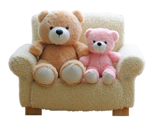 Large brown teddy bear small pink teddy bear sitting on cream sofa plush toy cozy soft texture childhood friendship cute relaxation