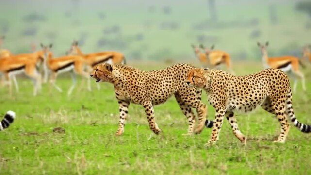 Three Wild Cheetahs in Pursuit with Gazelles in Savanna