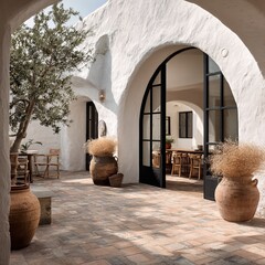 white plaster walls with arched cutouts, terracotta floor tiles, modern open-plan glass doors, rustic yet elegant external patio with dried olive branches in large vases, low-maintenance gravel courty