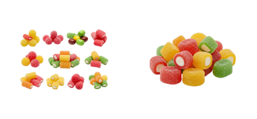 Colorful candy display sweet treats food studio setting delicious confections. Cut out PNG set
