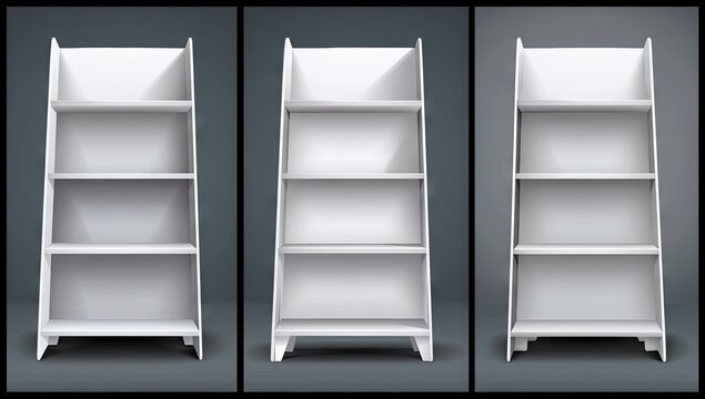 Empty white display shelving unit with four tiers.