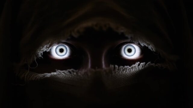 A creepy portrait of a mystical creature or person with white glowing eyes. Close-up of glowing eyes peeking out from under torn fabric in the dark.
