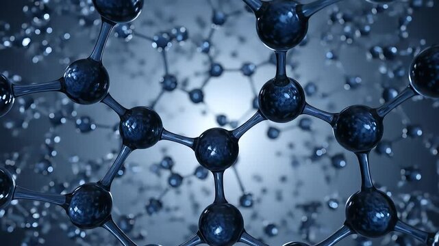 Detailed Close Up View Of A Molecular Structure Displaying Interconnected Spheres Against A Blue Background - Powered by Adobe