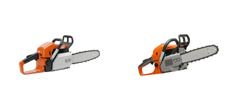 Chainsaw operation demonstration forest clearing equipment showcase outdoor side efficiency and safety. Cut out PNG set