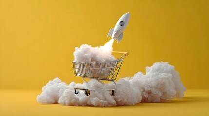 A rocket launching from a shopping cart amid clouds on a bright yellow background