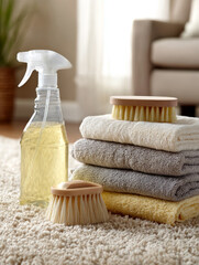 Cleaning supplies on carpet, arranged for a tidy and fresh look.
