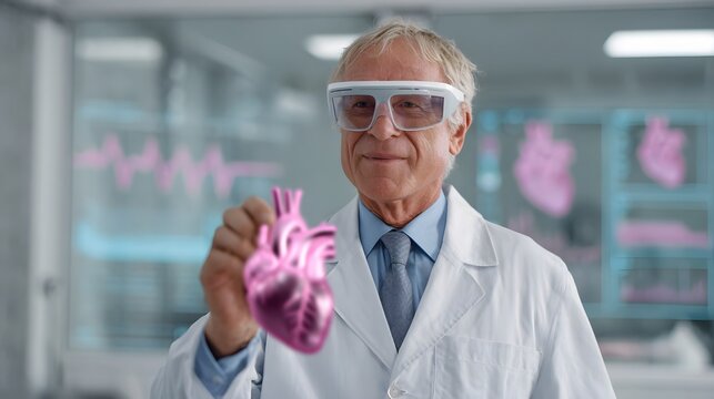 Senior doctor examines hologram of human heart in futuristic medical lab