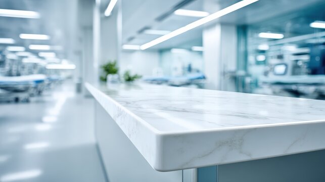 Modern Hospital Reception Area with Marble Countertop and Blurred Background, Clean and Bright Interior Design